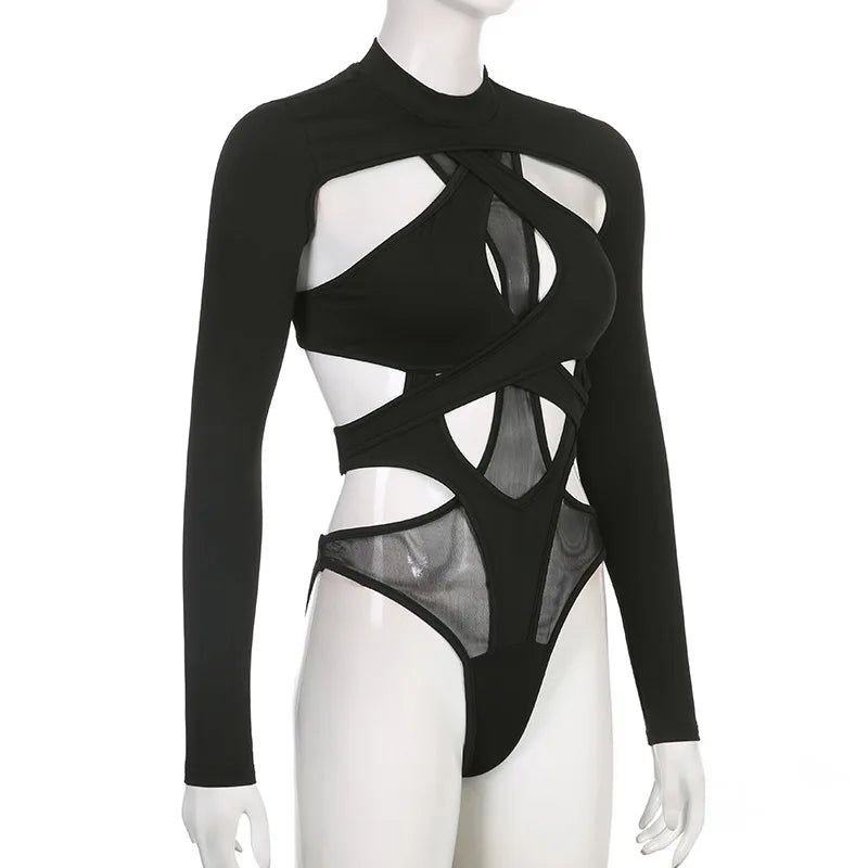 Goth Sexy Solid Color Jumpsuit Women Y2k Hollow Out Cyber Punk Long Sleeve Patchwork Bodysuit Streetwear Emo Alt Rave Outfit