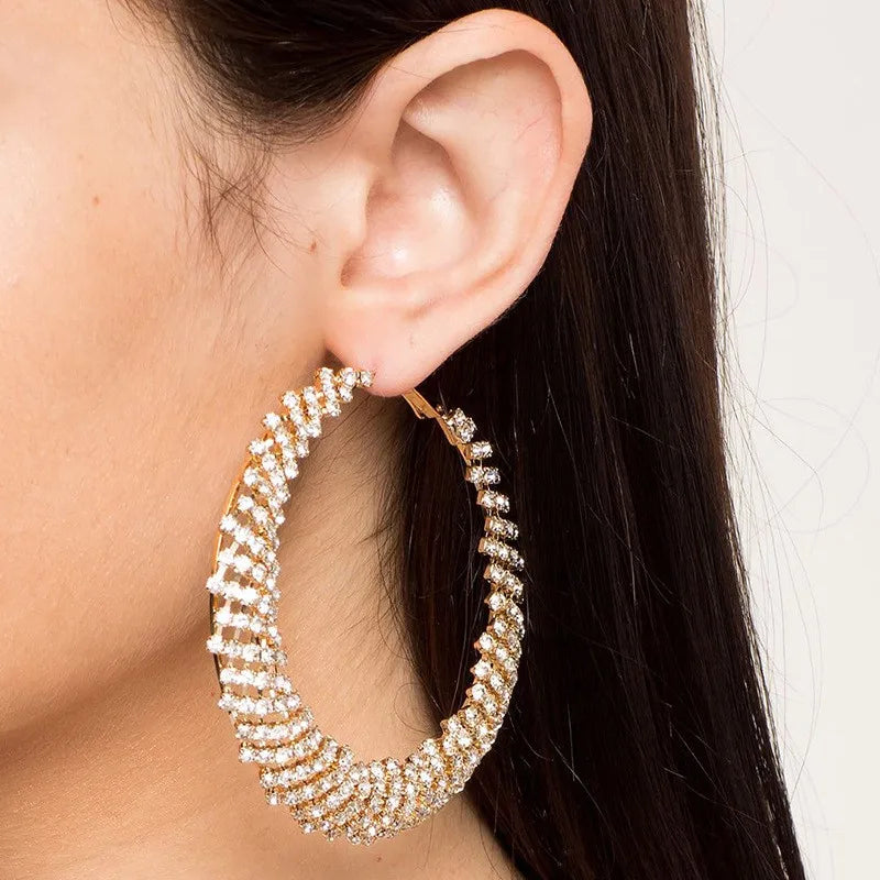 Exaggerate Big Hoop Earrings for Women Full Rhinestone Fashion Round Crystal Hanging Earrings Festival Accessories