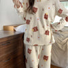 Coral Fleece Women Pajama Set Warm Winter Sleepwear Cozy Loungewear Bear Peach Print Nightwear Christmas Gift for Girls