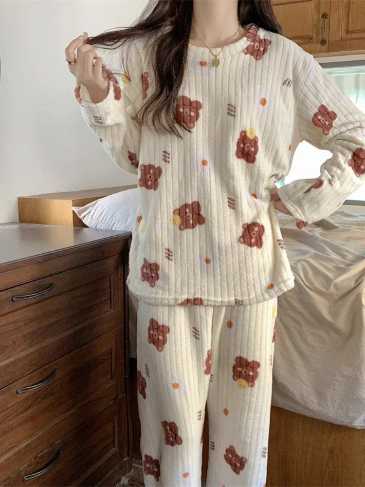 Coral Fleece Women Pajama Set Warm Winter Sleepwear Cozy Loungewear Bear Peach Print Nightwear Christmas Gift for Girls