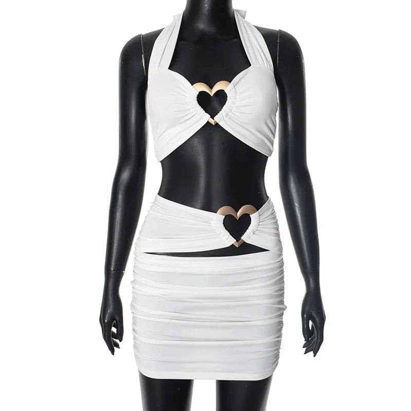 Sexy Metal Loving Heart 2 Piece Dresses Sets Halter Bandage Corset Tops and Mini Skirts Night Club Outfit White Black Streetwear