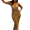 New Luxury Sparkly Crystal Rhinestone Pearl Celebrities Gown Brown Dress Woman Strap Evening Party Birthday Prom Wedding Vestido