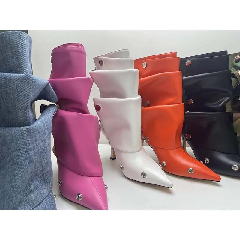 2025 Classics Women Pointed Toe Strange Heels Boots For Woman's Rivet Button Zipper-Sid Solid Color High Heels Shoes Botas Altas