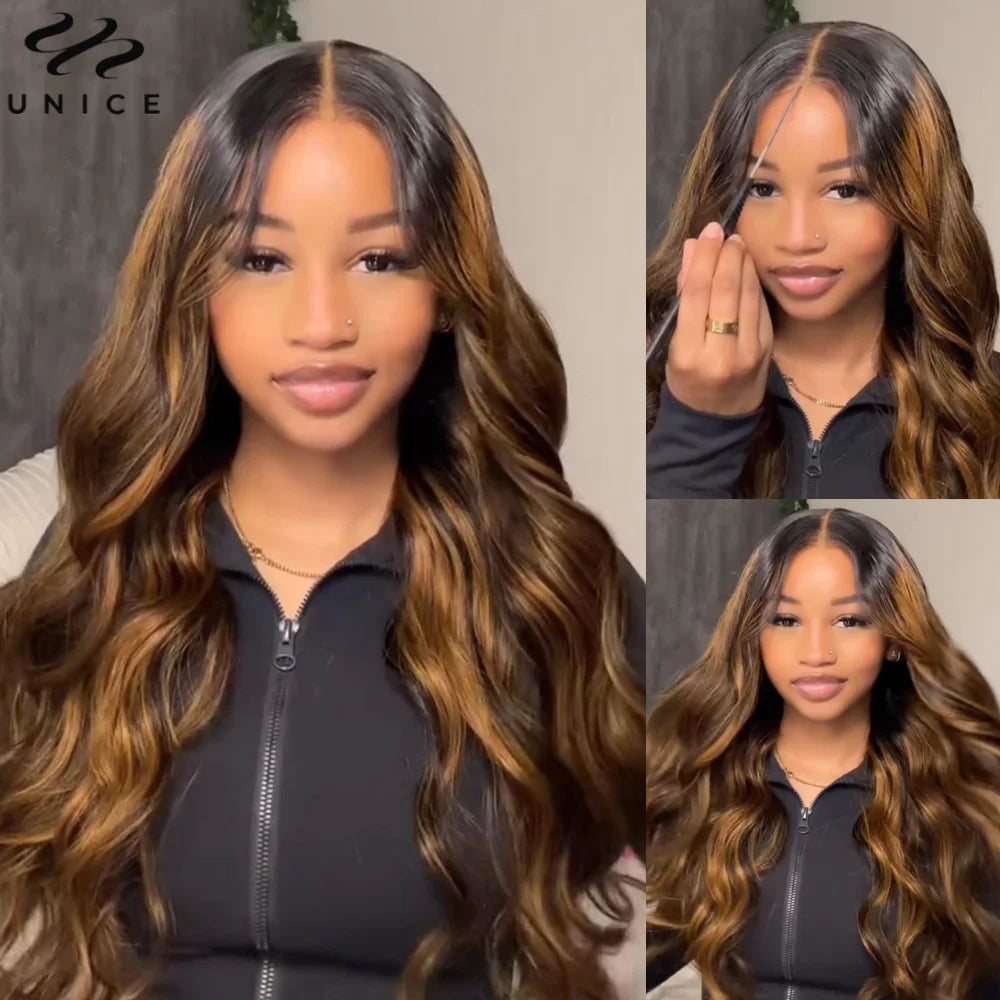 UNice Hair Bye Bye Knots 7x5 Lace Glueless Wig Brown Balayage Body Wave Human Hair Lace Front Wig Pre Cut Pre Bleached Lace Wig