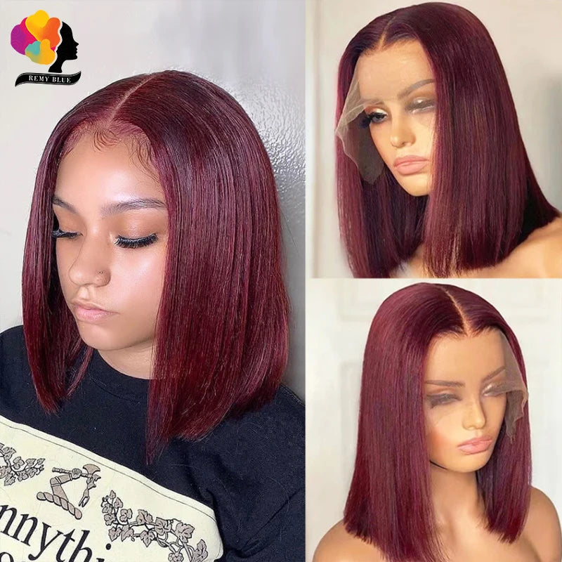 Burgundy Bob Wig Lace Front Human Hair Wigs Pre-Plucked 99J Red Blonde Colored Straight Human Hair Wigs 13x1 Lace Front Wig