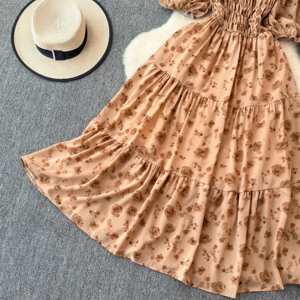 2024 New Summer Flower Print Long Dress Women Vintage Square Neck Ruched Chest Sash Bandage Sundress Party Vestidos
