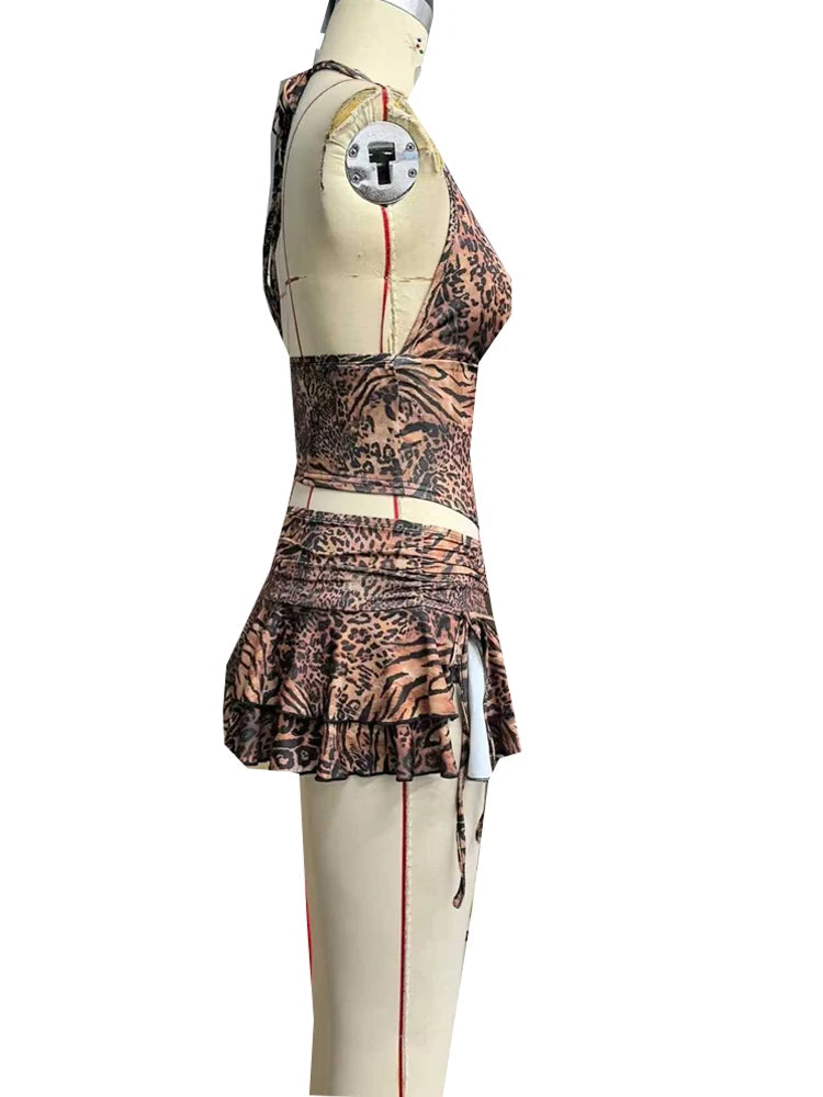 Beyprern Fierce Girl Ruffles Skirt Set Wild Cheetah Corset Crop Top And Ruched Two-Piece Dress Night Out Outfits Sexy Clubwear