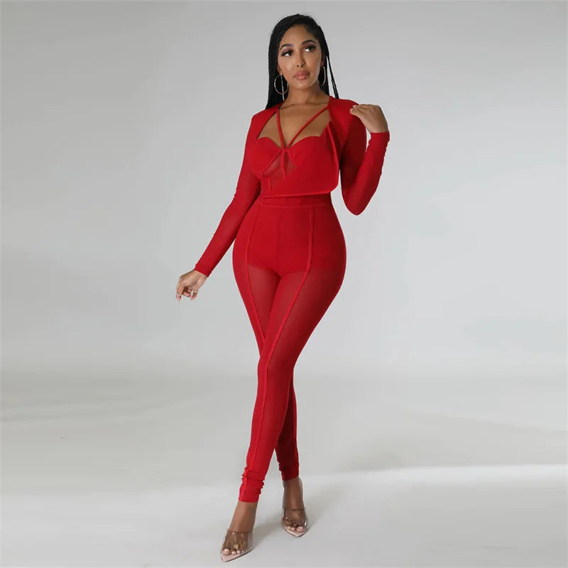 Sexy Mesh Patchwork Sheer Night Club Bodycon Jumpsuit for Women See Through One Piece Rompers Clubwear Party Birthday Outfits