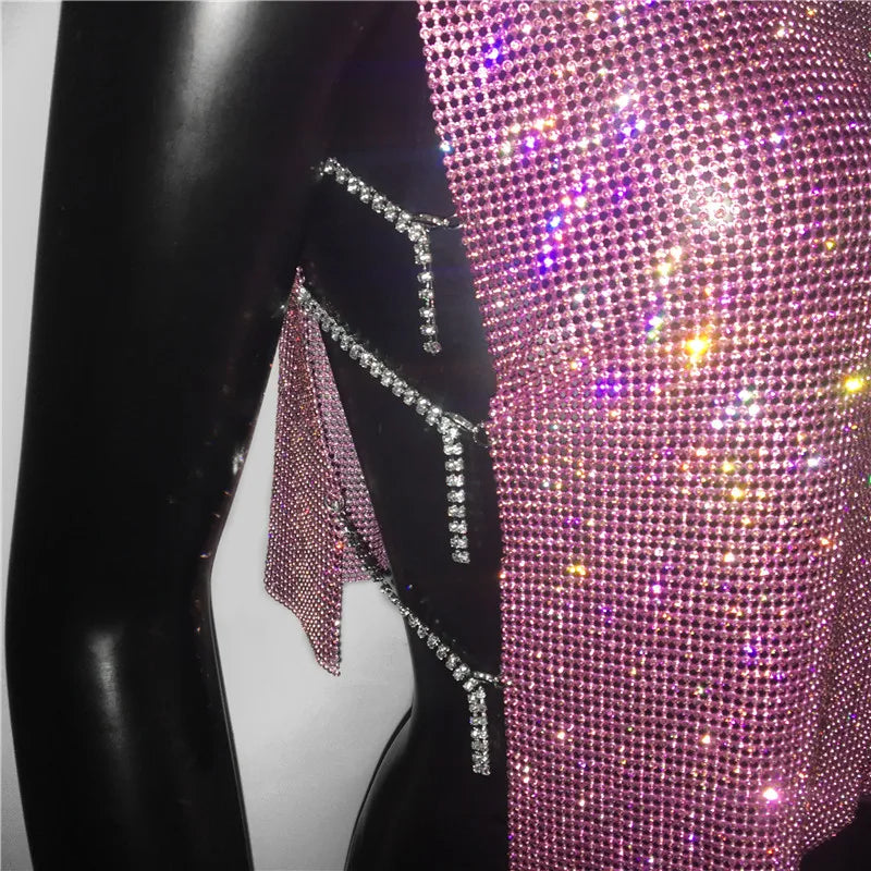 Sexy Rhinestone Backless Party Crop Top Women Glitter Turtleneck TShirt Adjustable Metal Chain Summer Nightculb Diamond Tank Top