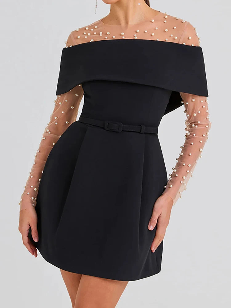 Women Belt Patchwork Short Sleeve Mini Dress, Spring Summer Fashion Slash Neck Party Dress, Solid Off The Shoulder Ladies Dress