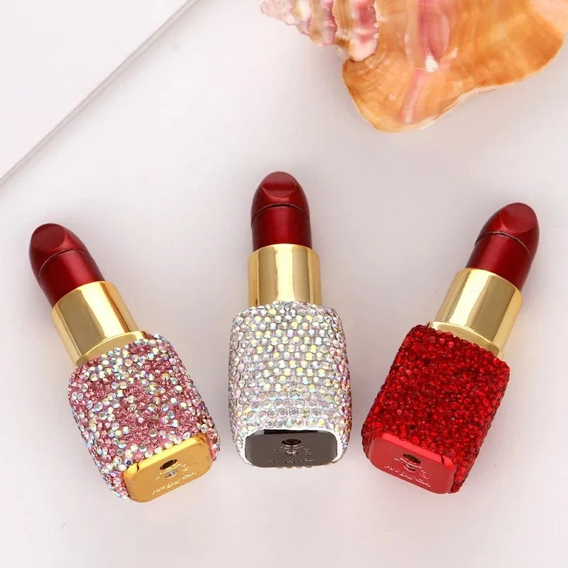 Luxury Diamond Lipstick Inflatable Lighter Mini Butane Pink Water Diamond Portable Lighter High End Women's Smoking Gift