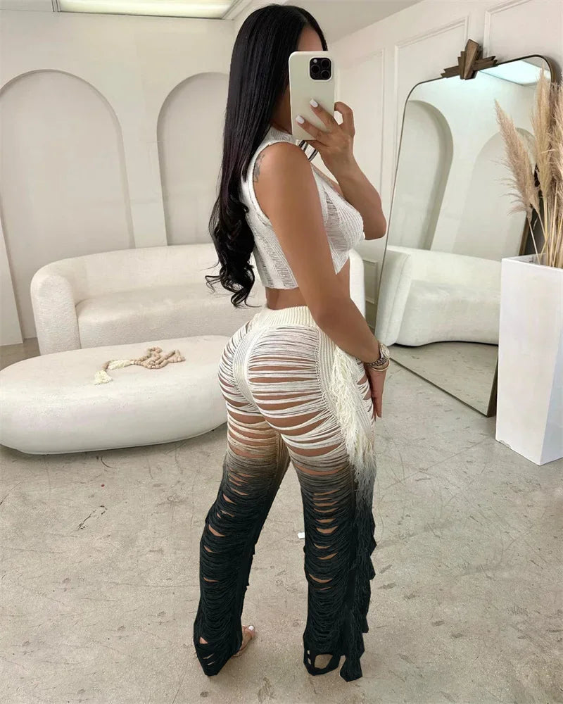 Gradient Color Crochet Two Piece Set for Women Summer Beach Crop Top and Wide Leg Pants Tassel Hollow Out Hole Vacation Outfits