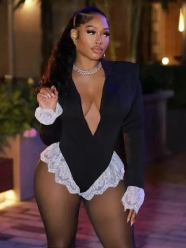 Joskaa Women Lace Patchwork Black Blazer Bodysuits Sexy Deep V-Neck Long Sleeve One Piece Rompers Coquette Midnight Clubwear