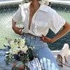 Women Fashion Front Knot Elastic Linen Cropped Shirts Vintage Short Sleeve Patch Pockets Female Blouses Blusa Chic Tops