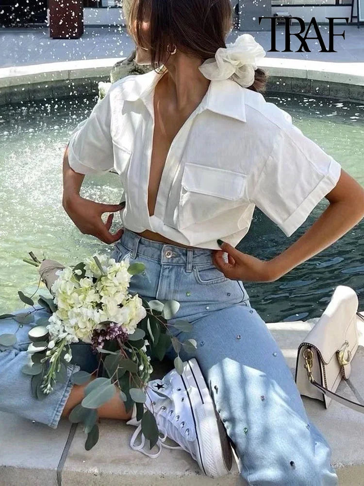 Women Fashion Front Knot Elastic Linen Cropped Shirts Vintage Short Sleeve Patch Pockets Female Blouses Blusa Chic Tops