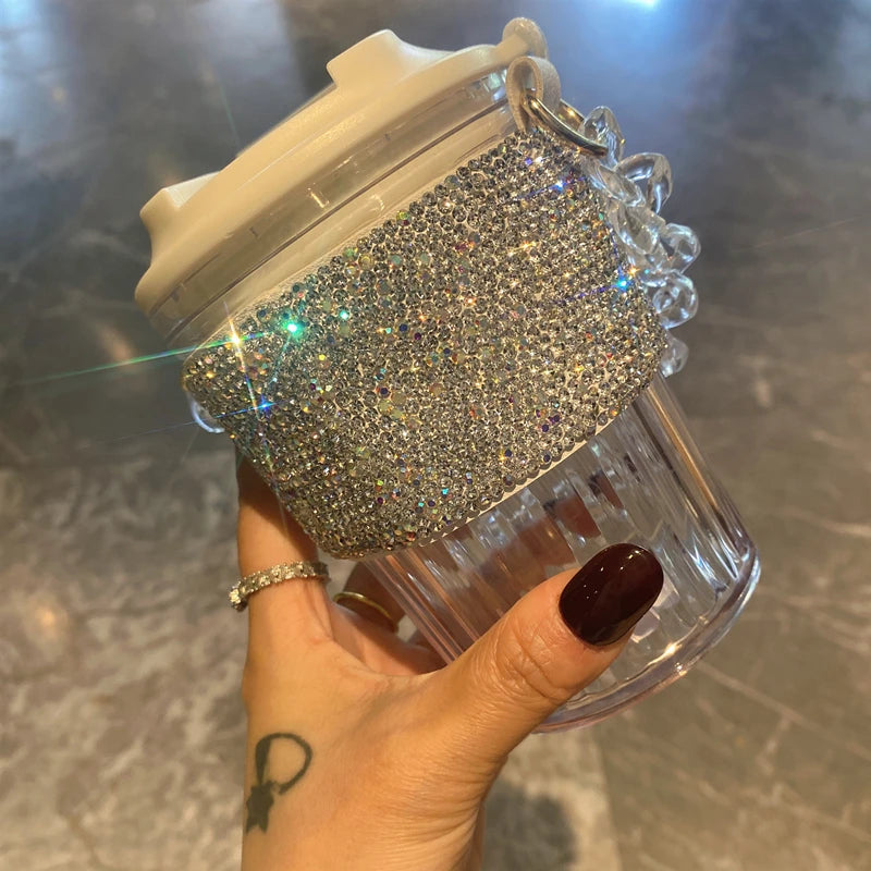 Chain Carry Straight Drink Coffee Cup Rhinestone PC/PP Portable Eco Friendly Non-slip Reusable Mug Outdoor Travel Water Bottle