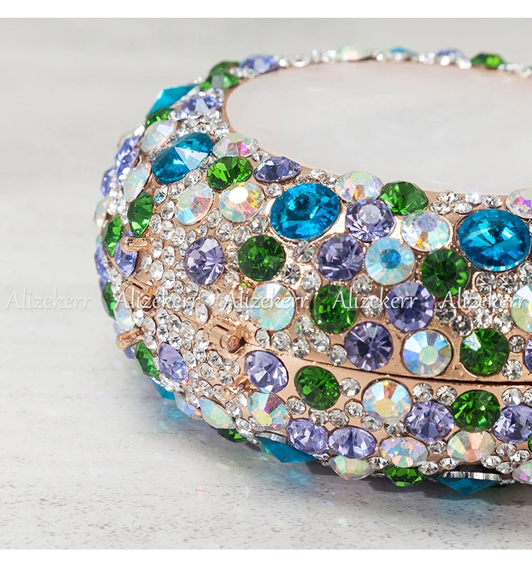 Alizekerr Perfume Bottle Shaped Crystal Evening Bags Women Gorgeous Classy Rhinestone Round Metal Clutch Purses Wedding Party