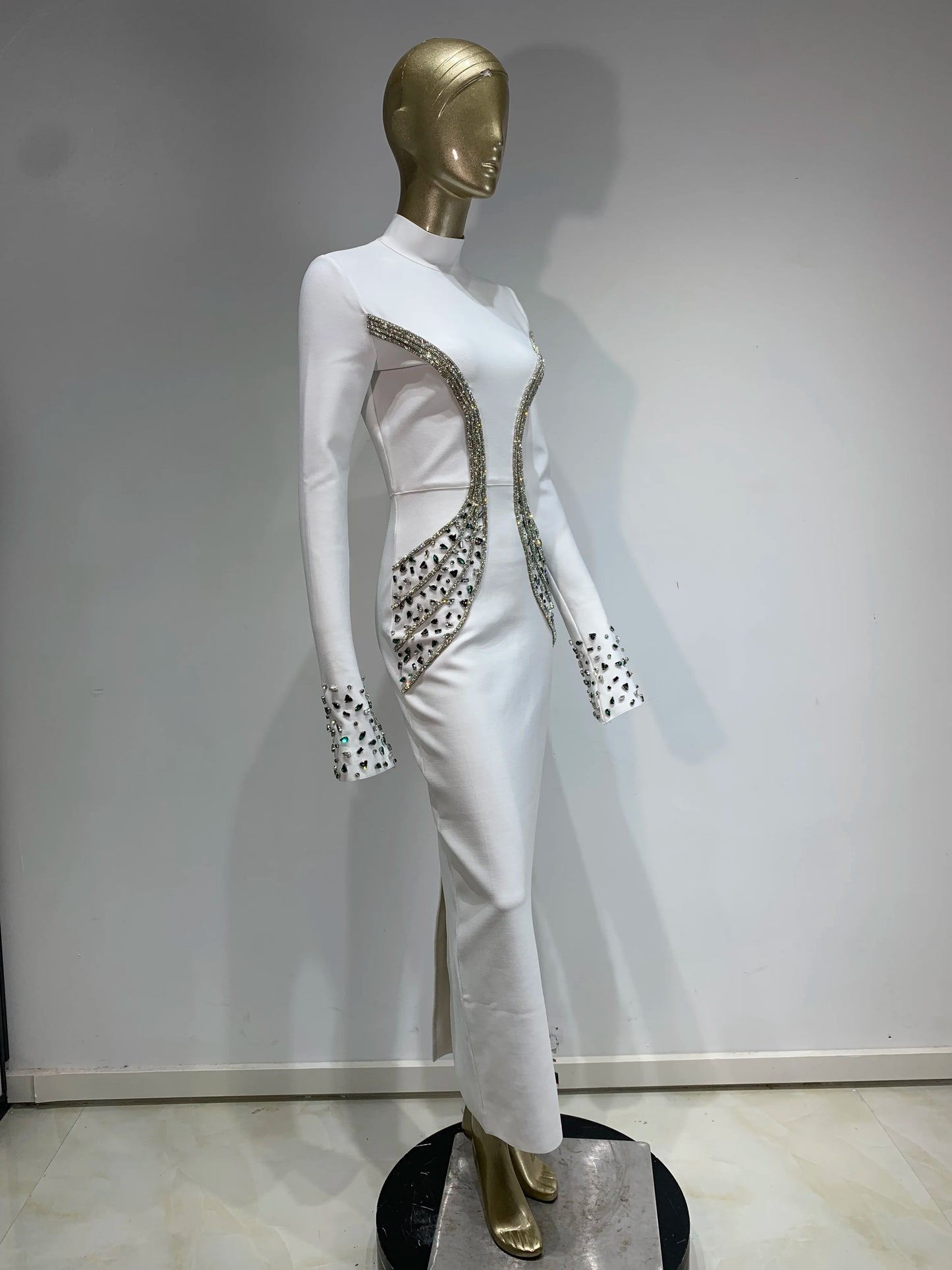 Women Celebrity Sexy Beading Crystal Diamonds Black White Maxi Long Bodycon Bandage Dress 2024 Elegant Evening Club Party Dress