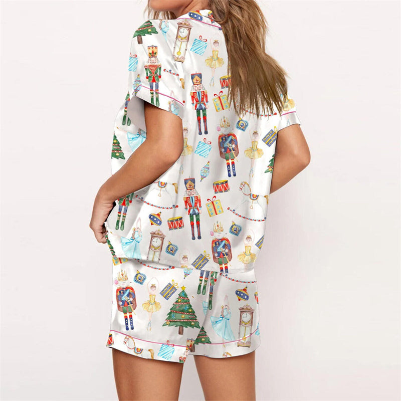 Nutcracker Pajamas Women Christmas Pajama Set Short Sleeve Tops+Elastic Waist Shorts Santa Claus Avatar Print Sleepwear Outfits