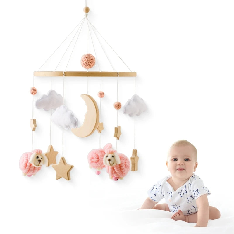 Baby Crib Mobile Bed Bell Rattle Toys Wooden Crochet Stars Pendant Bed Bell Toys Newborn Comfort Crib Bracket Hanging Toys Gifts