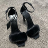 2025 Early Spring New Mink Hair High Heels One-word Sandals Square Head Stiletto Women's Shoes