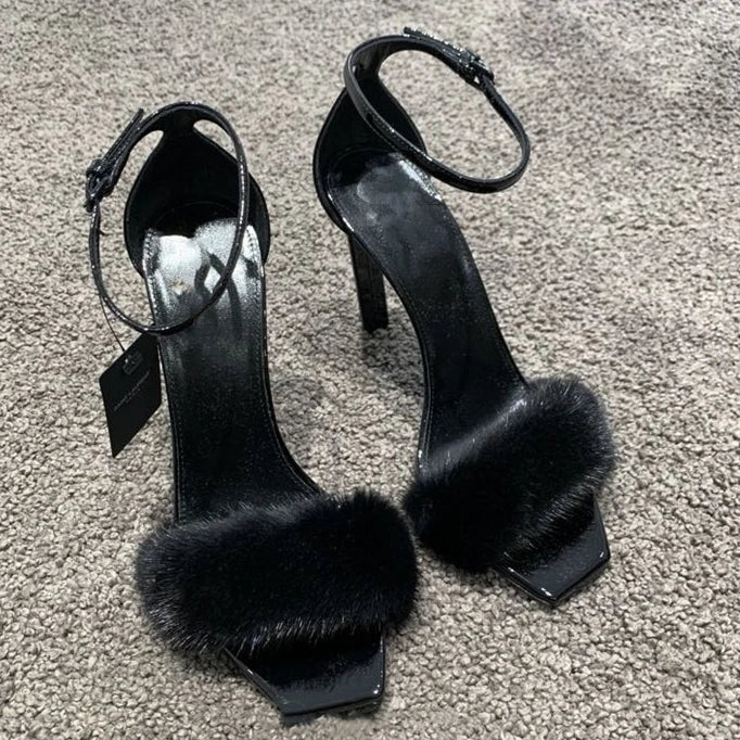 2025 Early Spring New Mink Hair High Heels One-word Sandals Square Head Stiletto Women's Shoes