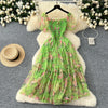 Elegant Slash Neck Vintage Short Puff Sleeve Chic Print Slim Chiffon Dresses French High Street Evening Autumn Mesh Clothing
