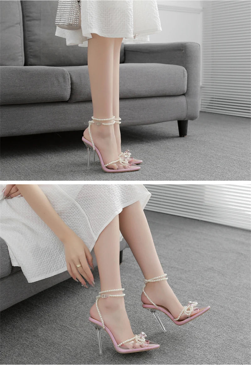 Liyke Sexy White String Bead Women Transparent High Heels Summer Fashion Butterfly-Knot Clear Sandals Pointed Toe Shoes Pumps