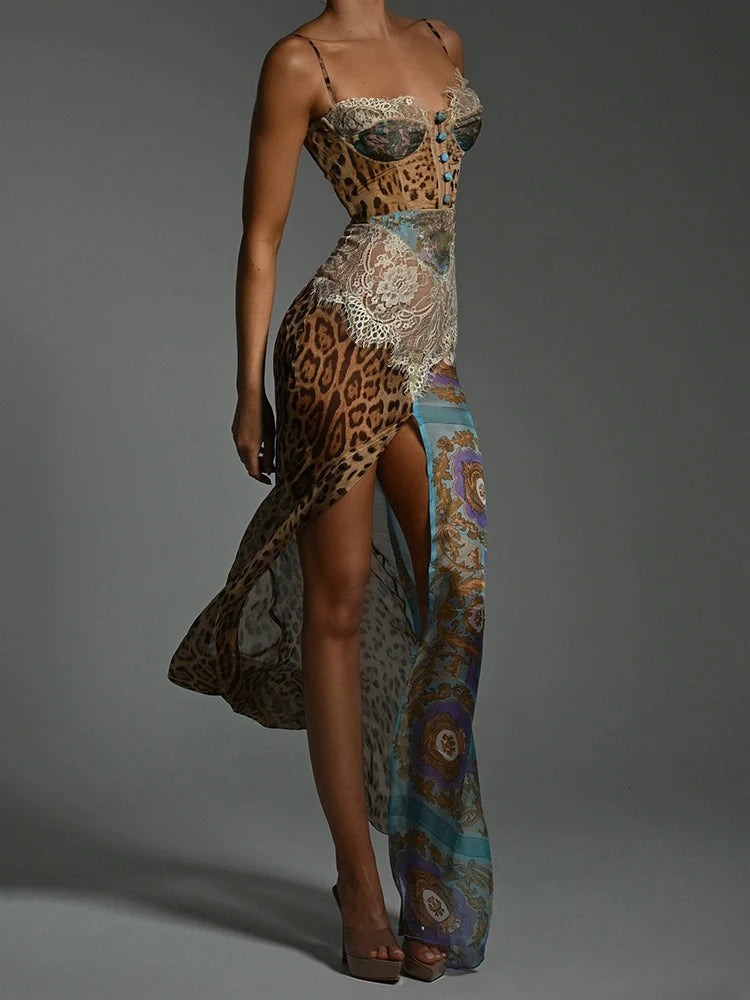Mozision Leopard Print Lace Split Sexy Maxi Dress Women Gown Elegant Patchwork Chiffon Sleeveless Backless Beach Evening Dress