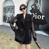 Fashion Hollow Out Mesh Patchwork Blazer for Women Y2K Korean Chic Net Long Sleeves Loose Black Coat Gothic Casual Suit Jacket