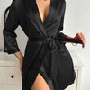 Solid Satin Night Robe Long Sleeve V Neck Robe With Belt Women's Sleepwear