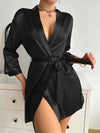 Solid Satin Night Robe Long Sleeve V Neck Robe With Belt Women's Sleepwear