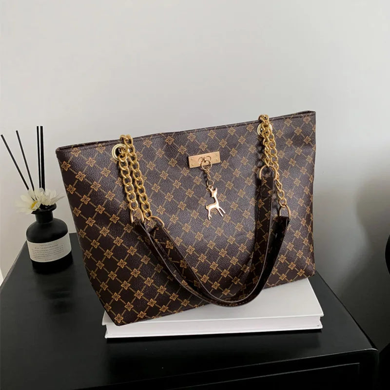Luxury Old Money Tote Bag - Printed PU with Metal Chain Strap,Spacious & Lightweight for Women Commuting Travel