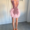 Luxury Sheer Neckline Women Cocktail Dress Pink Feather Black Girl Short Prom Dresses 2026 For Birthday Party