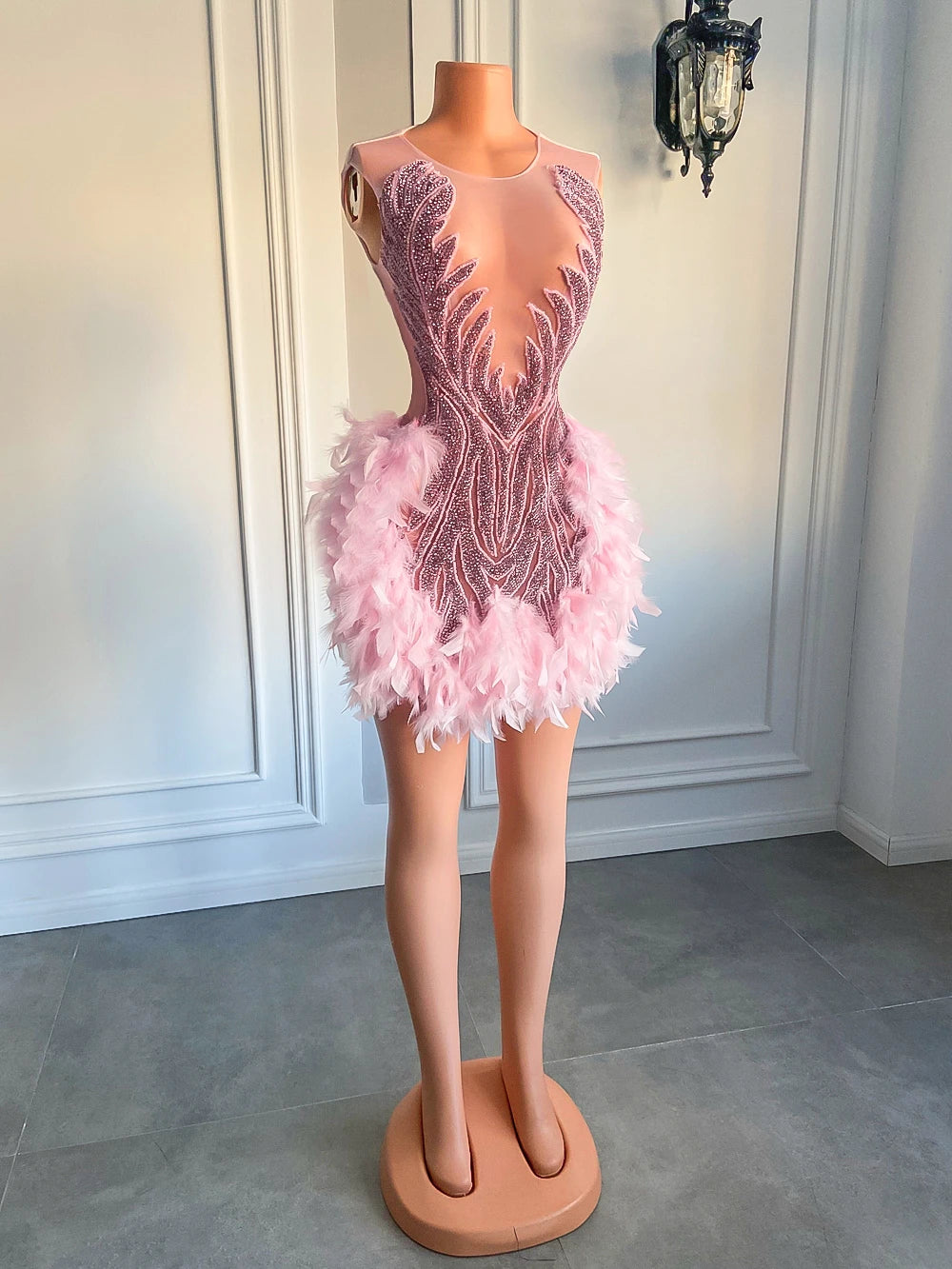 Luxury Sheer Neckline Women Cocktail Dress Pink Feather Black Girl Short Prom Dresses 2026 For Birthday Party