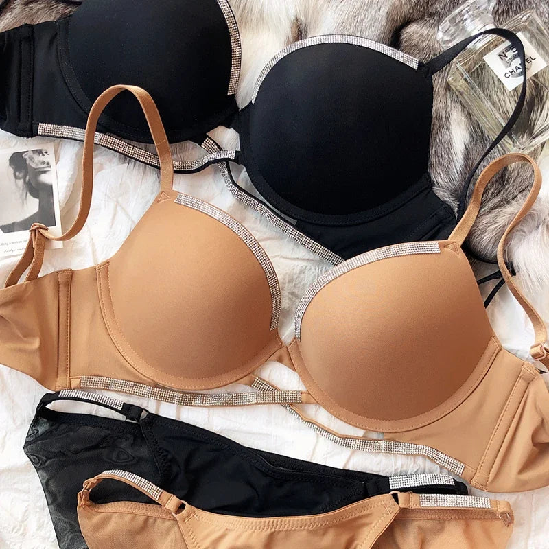 2 Pieces Sexy Underwear Set for Women Classic Cross Hollow Bra Sparkle Rhinestones Lingerie Deep V Push Up Brassiere Set
