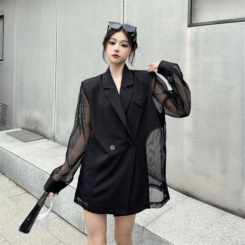Fashion Hollow Out Mesh Patchwork Blazer for Women Y2K Korean Chic Net Long Sleeves Loose Black Coat Gothic Casual Suit Jacket