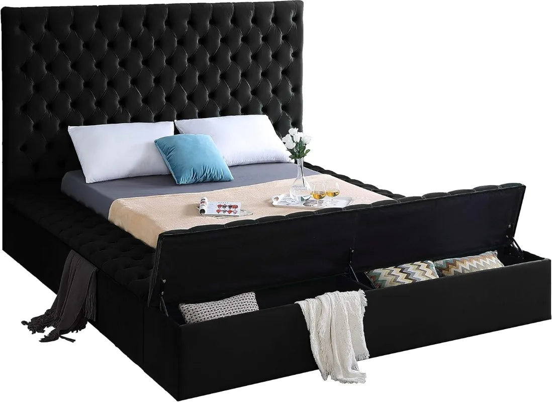 Bliss Collection Modern Contemporary Velvet Upholstered Bed with Deep Button Tufting and Storage Compartments and Footboard