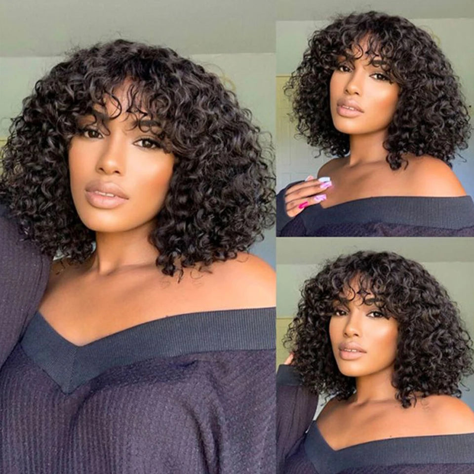Fringe Bang Wig With Deep Wave Human Hair Water Wave Natural  Deep Curly Brazilian Hair Wigs 180% Density For Women