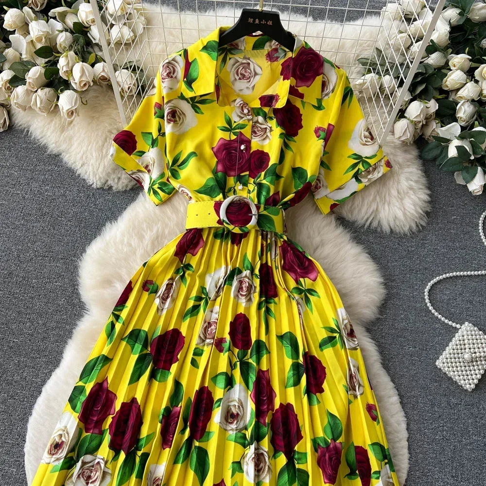2024 Summer Women Floral Pleated Dress Vintage Turn-Down Collar Short Sleeve Single Breasted Printed Draped Midi Vestidos New