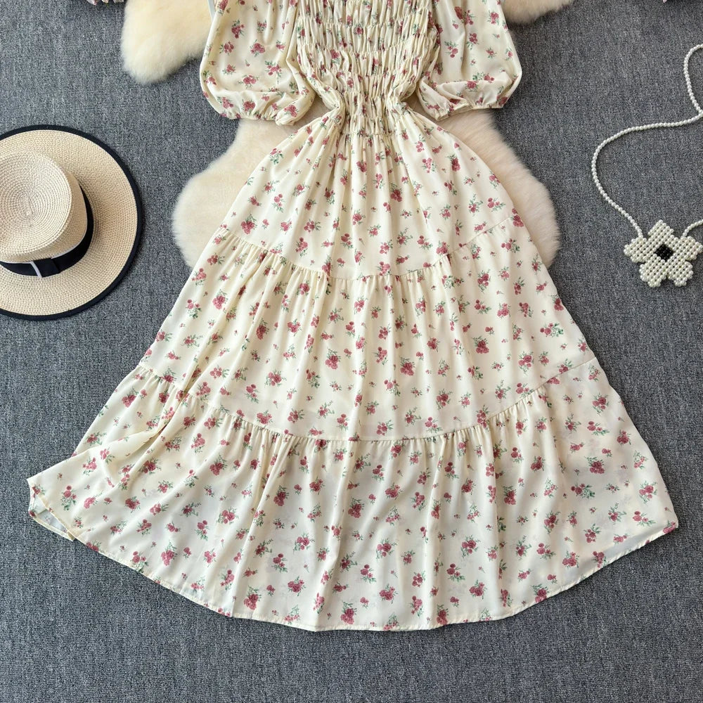 2024 New Summer Flower Print Long Dress Women Vintage Square Neck Ruched Chest Sash Bandage Sundress Party Vestidos
