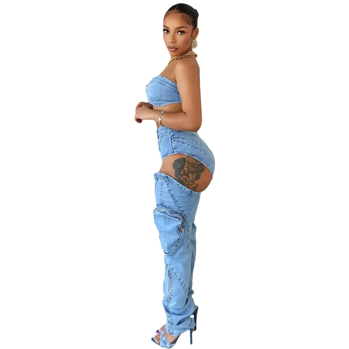 Denim Pants Sets for Women 2024 Sexy Streetwear Two Piece Set Outfits Chest Wrap Sleeveless Backless Top Hollow Out Jeans