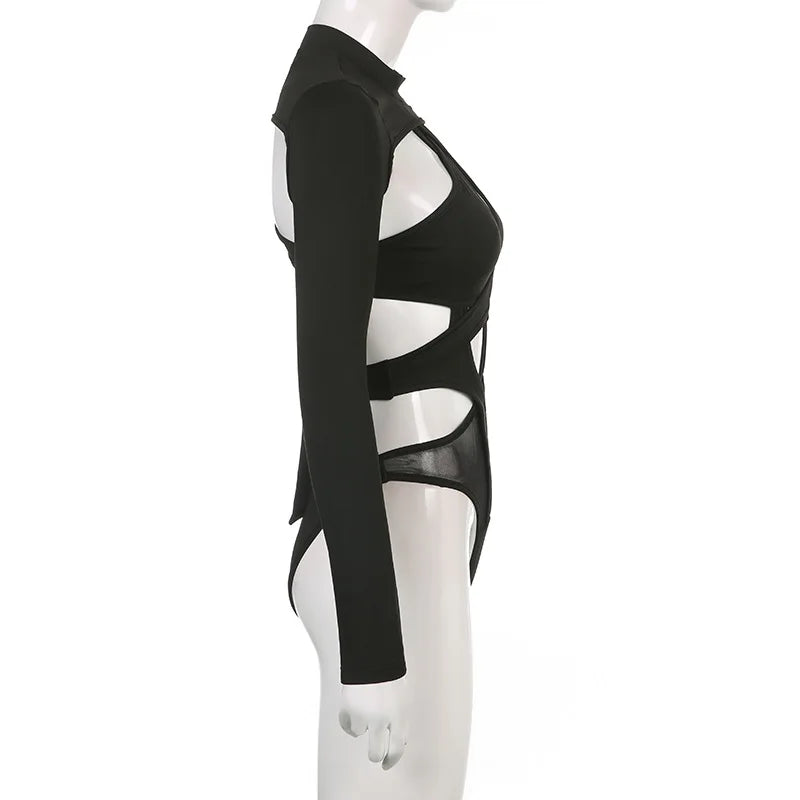 Goth Sexy Solid Color Jumpsuit Women Y2k Hollow Out Cyber Punk Long Sleeve Patchwork Bodysuit Streetwear Emo Alt Rave Outfit