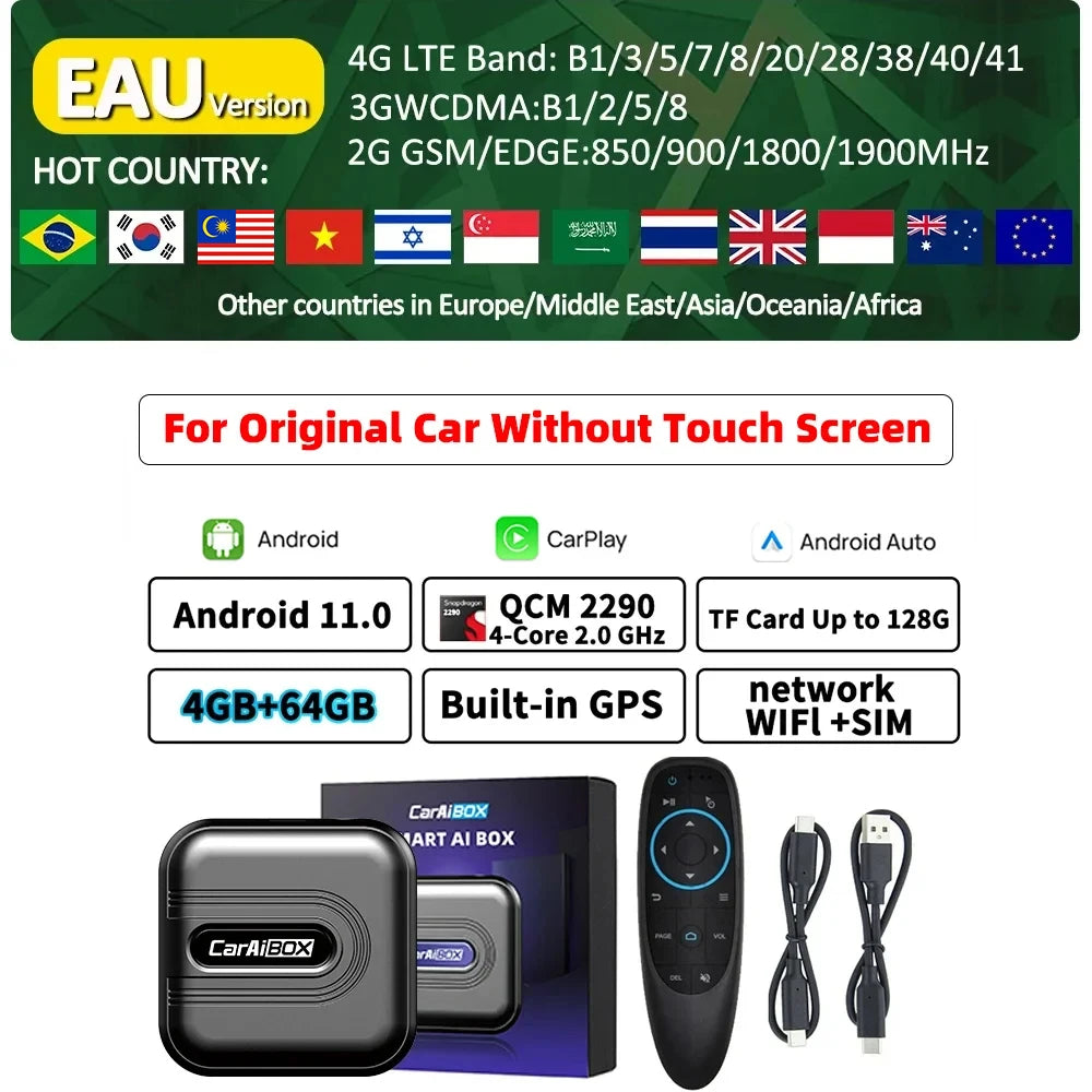 CarAiBOX CarPlay Ai Box Qualcomm 6125 8-Core CPU Android 13.0 System Wireless CarPlay Android auto Built-in Google Play Store