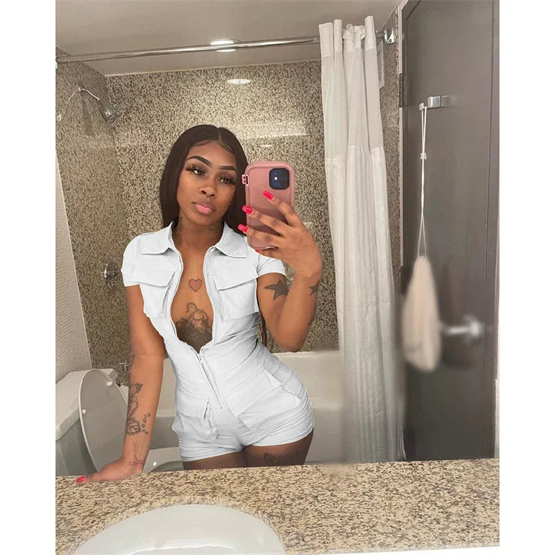 Streetwear Zipper Pockets Shorts Jumpsuit Women Clothing Short Sleeve Skinny Cargo Playsuit Summer Casual One Pieces Romper
