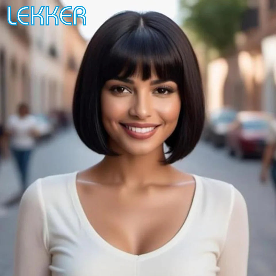 Lekker Chocolate Brown Short Straight Bob 100% Human Hair Wig With Bangs For Women Brazilian Remy Hair Top Lace Glueless Bob Wig
