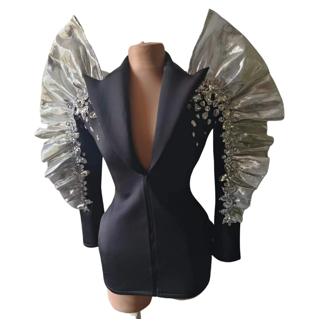 Sparkly Sequins Rhinestones Big Sleeves Black Jacket Sexy Singer Dancer Nightclub Jazz Dance Costume Performance Show Stage Wear