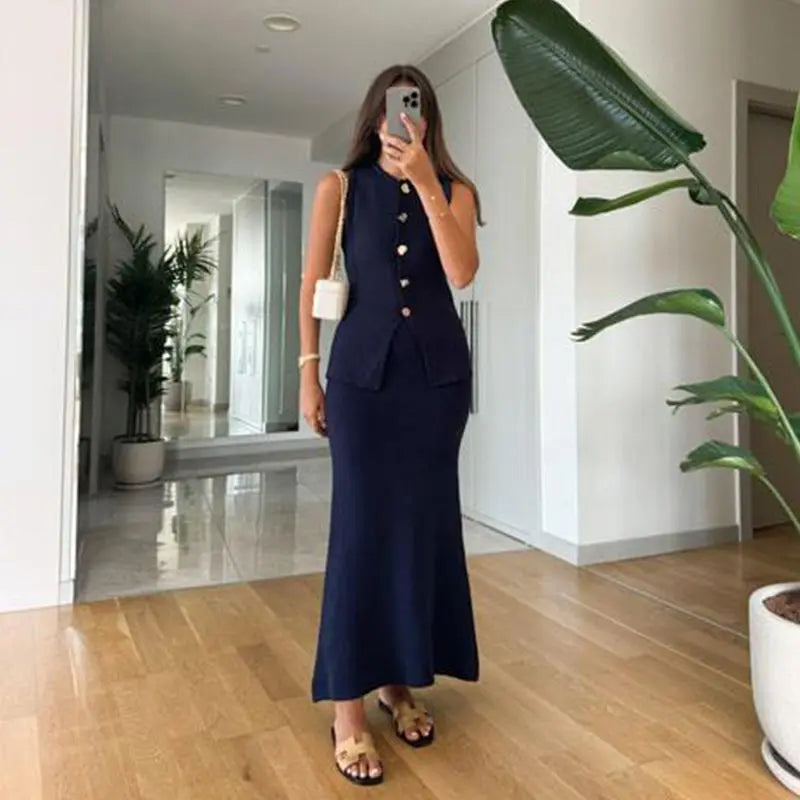 Elegant Knit Vest Suits Women Solid Single Breasted O-neck Sleeveless Slim Waistcoat Bodycon Midi Skirts 2025 Spring Lady Outfit