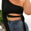 Women lady bandage slim tee tops long sleeve one-shoulder bow-tie elastic solid T Shirt cold shoulder sexy crop top Club Street