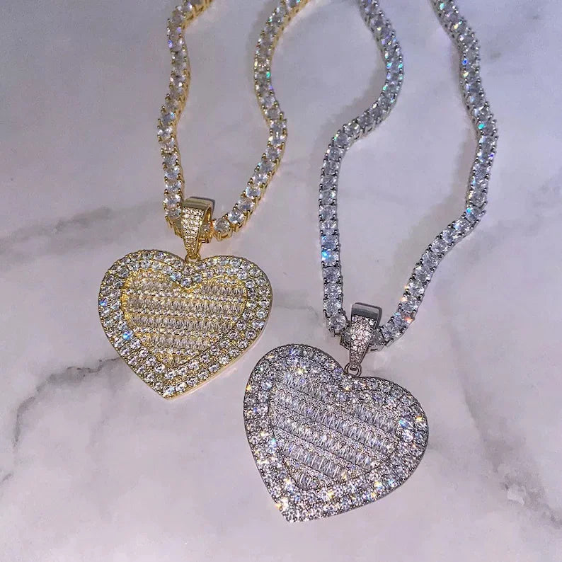 In Stock Iced Out Bling Women Jewelry 5A White Cubic Zirconia Heart Shaped Pendant Necklace With Tennis Box Chain